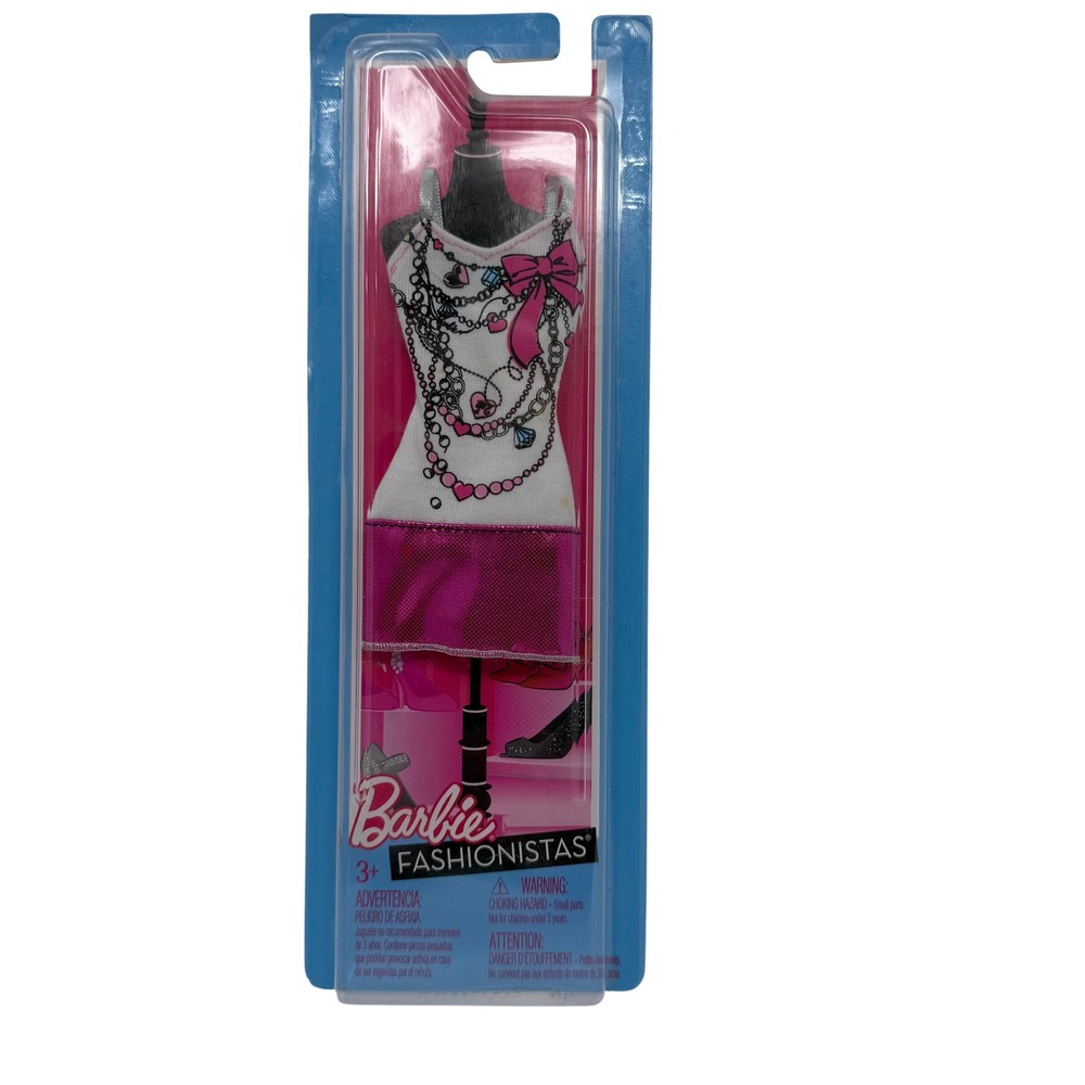 Barbie Fashionistas White Dress Pink Bow Metallic Skirt‎ Fashion Pack W3168 NEW